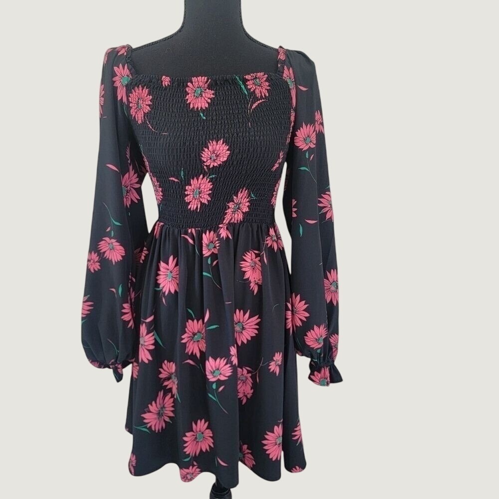 WAYF Black Pink Floral Smocked Bodice Mini Dress Square Neck Long Sleeve Small